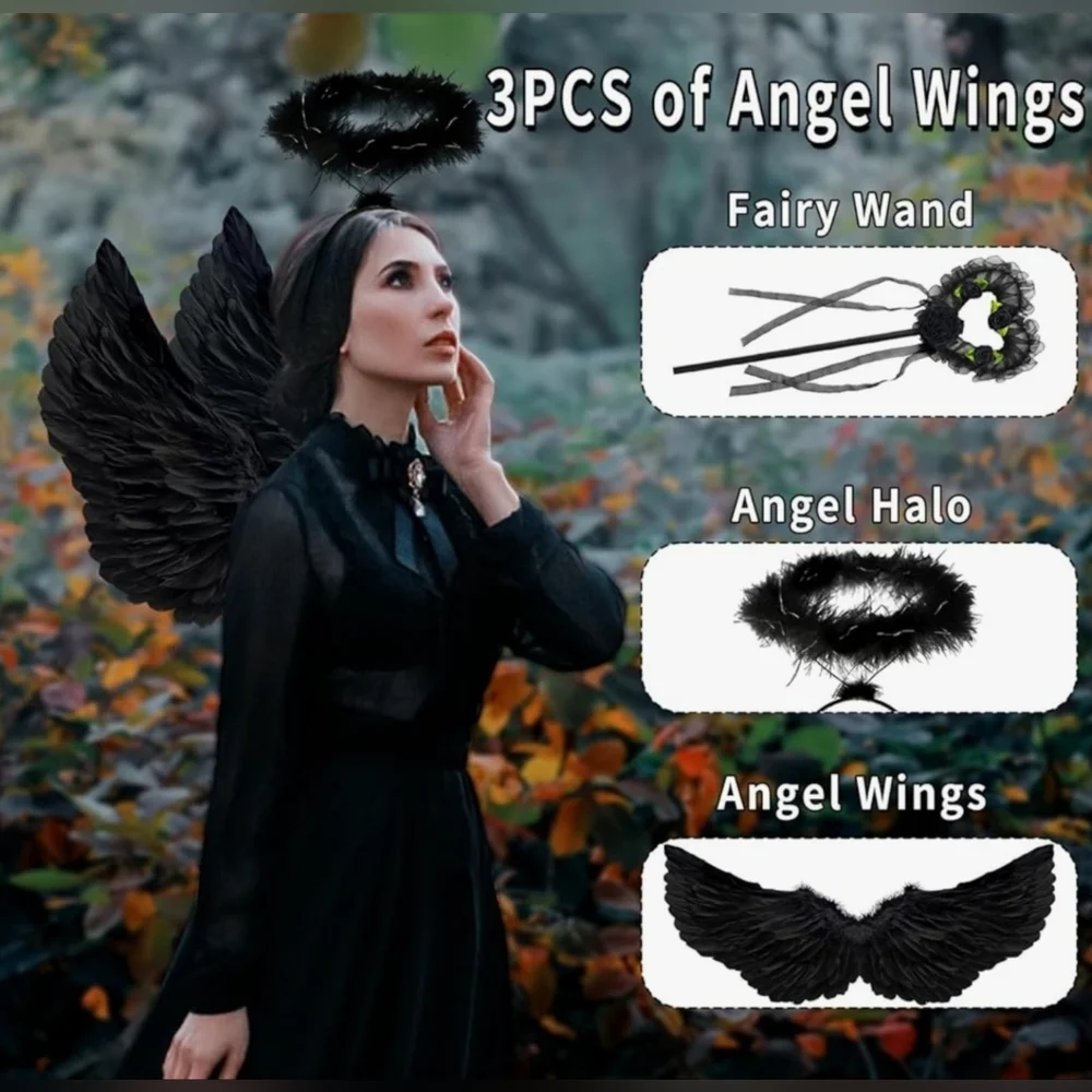 NIB Sealed 3 Piece Womens Black Angel Wings - Picture 3 of 4